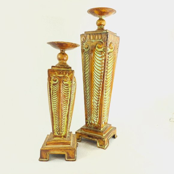 Pillar candle holder PAIR Metal with Patina Finish 2 heights - Picture 1 of 10